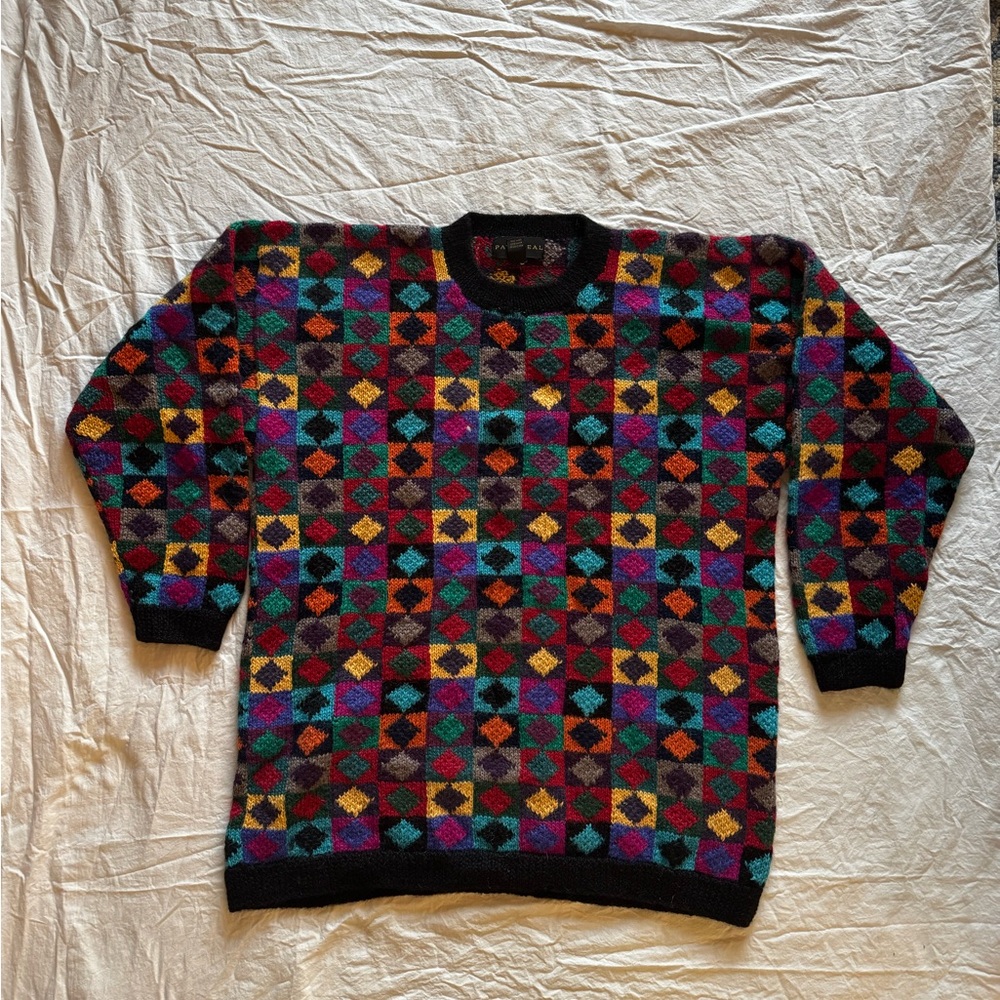 Pavo Real Vintage Colorful Geometric Pattern Sweater 100% Alpaca Handmade